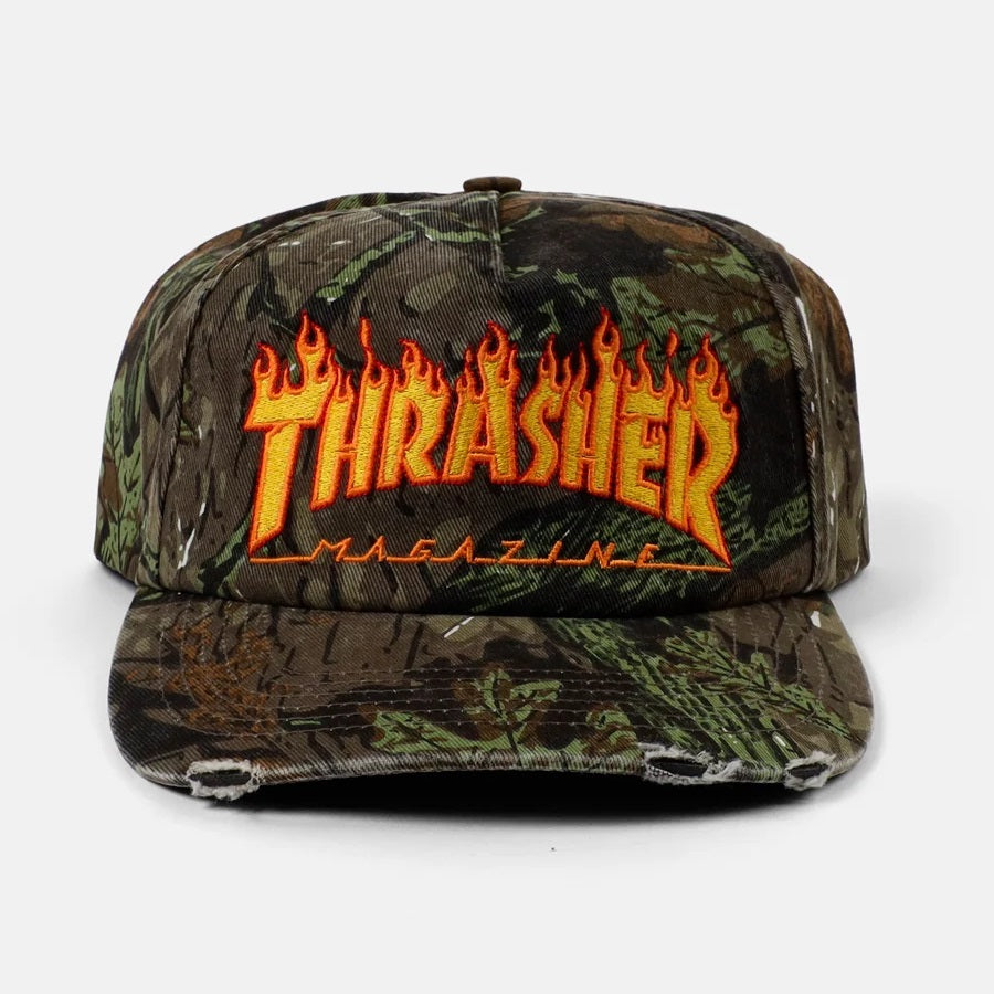 THRASHER Flame Distressed Snapback Hat Camo